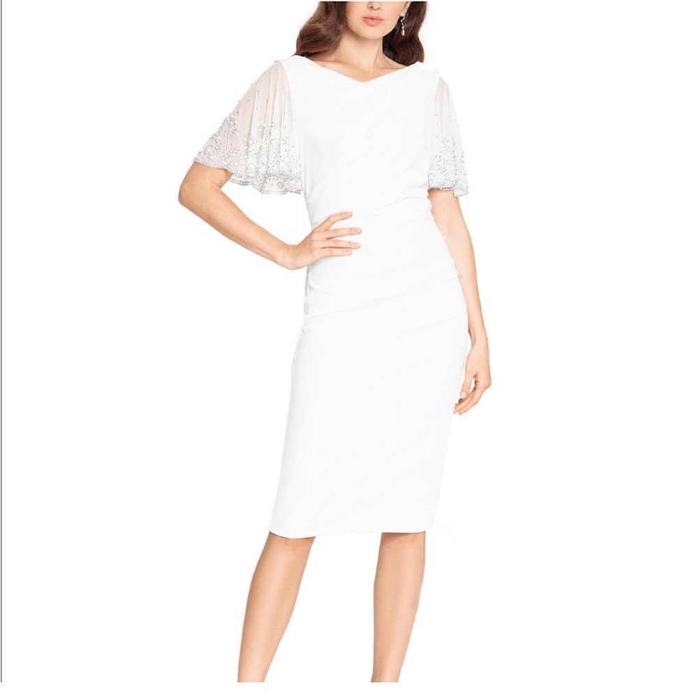 Elegant White Draped Dress with Beaded Sleeves